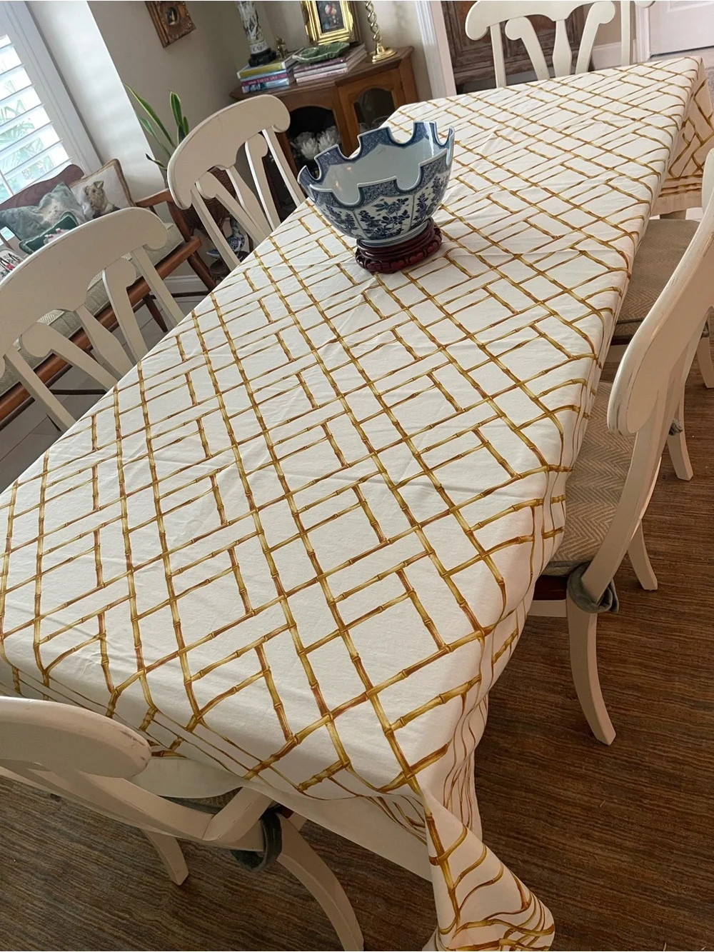 Williams Sonoma Cream and Gold Bamboo Trellis Tablecloth 70 x 108 Inches